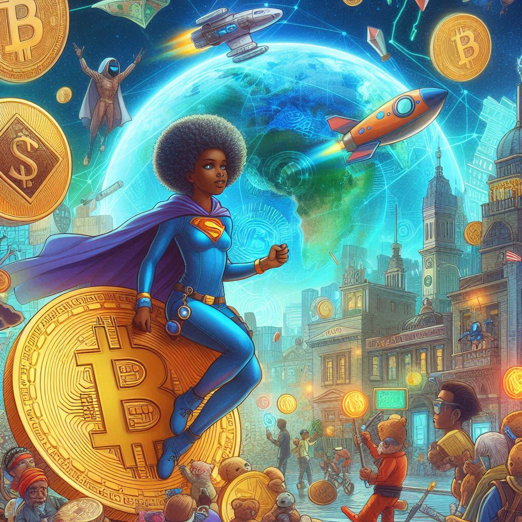 A fantasy image of the world of cryptocurrencies for kids, featuring an African American woman as one of the key characters
