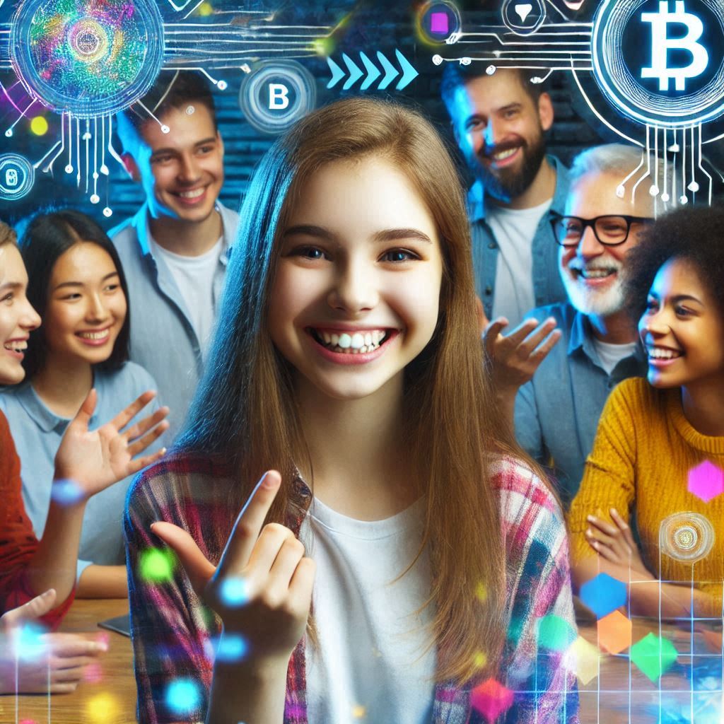 a girl embracing the blockchain future