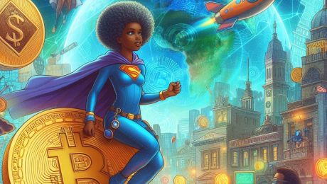 A fantasy image of the world of cryptocurrencies for kids, featuring an African American woman as one of the key characters